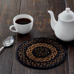VHC Brands Black & Tan Braided Jute Mat Trivet Placemat, Round, Black, 8 inch