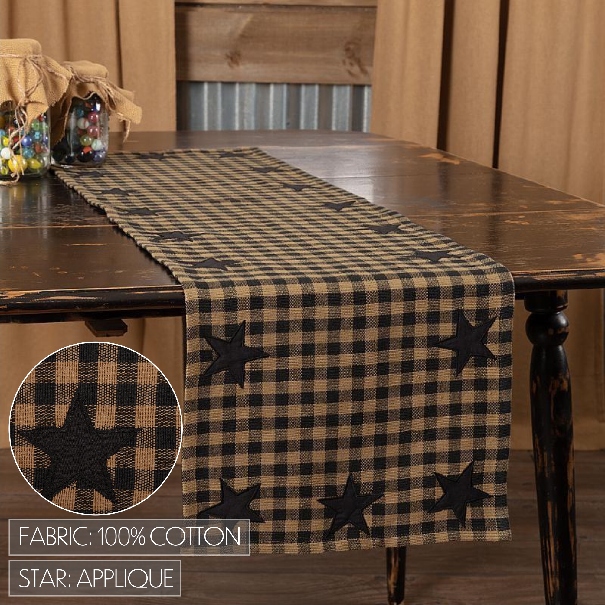 VHC Brands Table Runner Black Star Primitive 13x48 Rect Woven Kitchen Decor