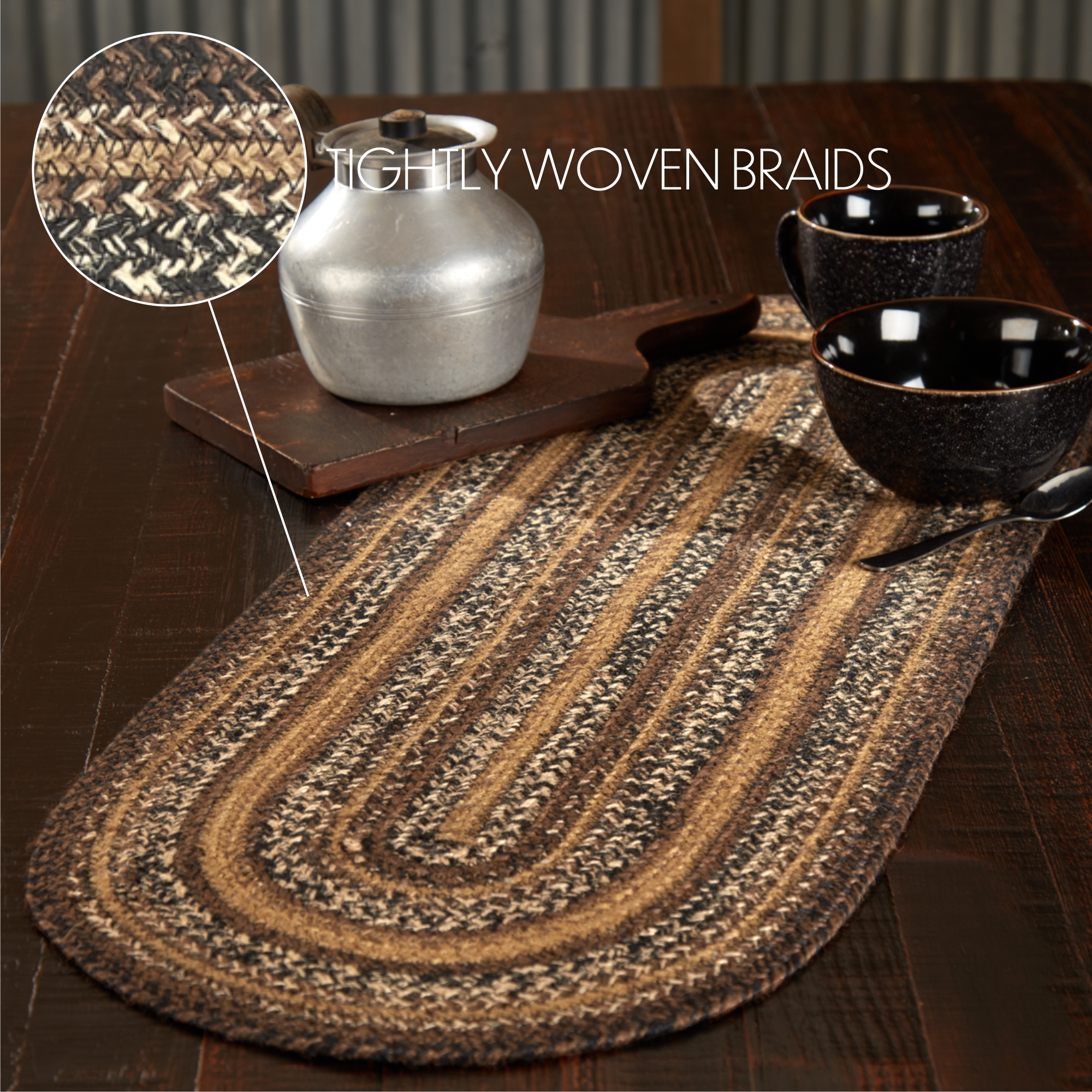 Table Runner Espresso Jute Rustic 13x36 Oval Braided Kitchen Decor VHC Brands