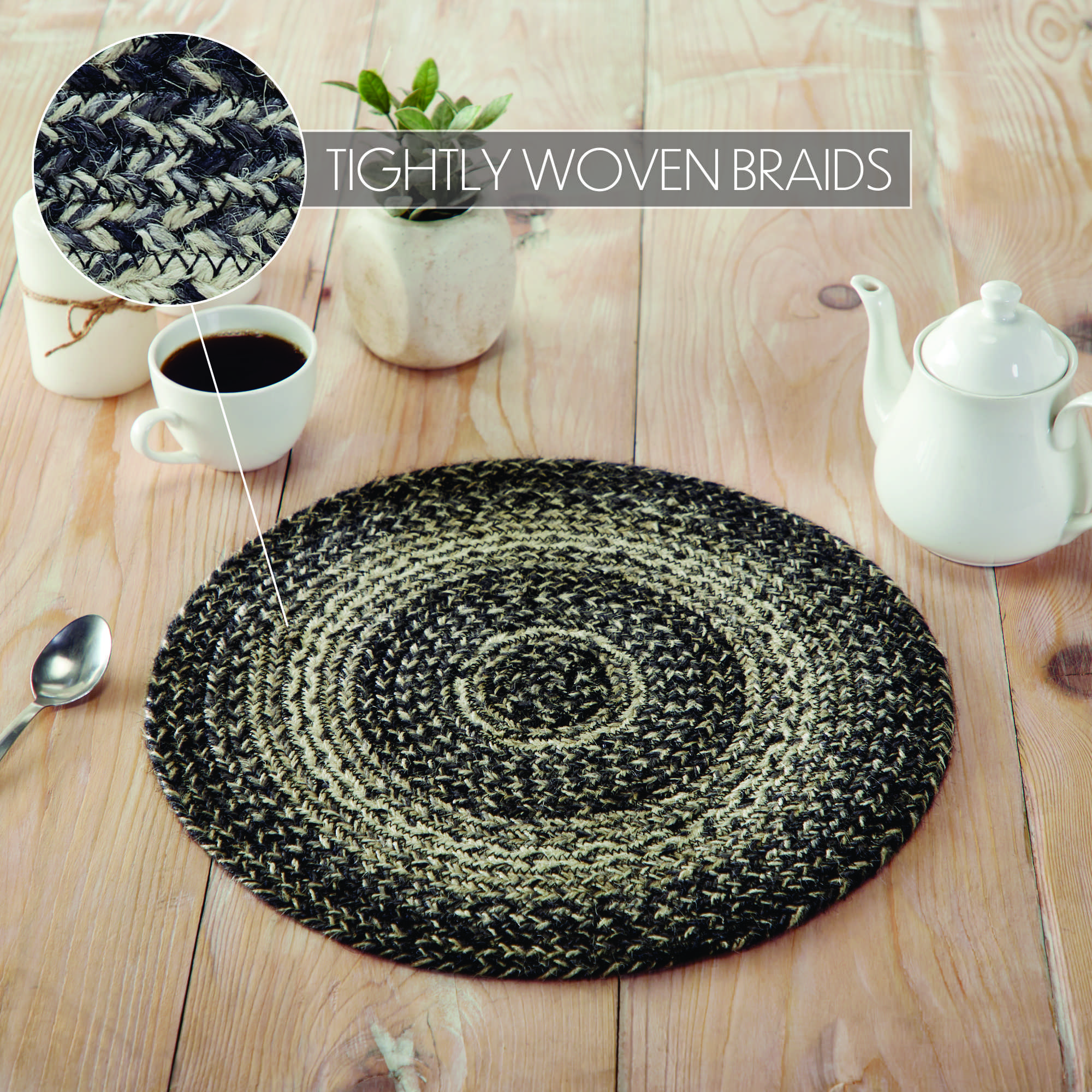 Sawyer Mill Black White Jute Trivet 15 inch Diameter VHC Brands