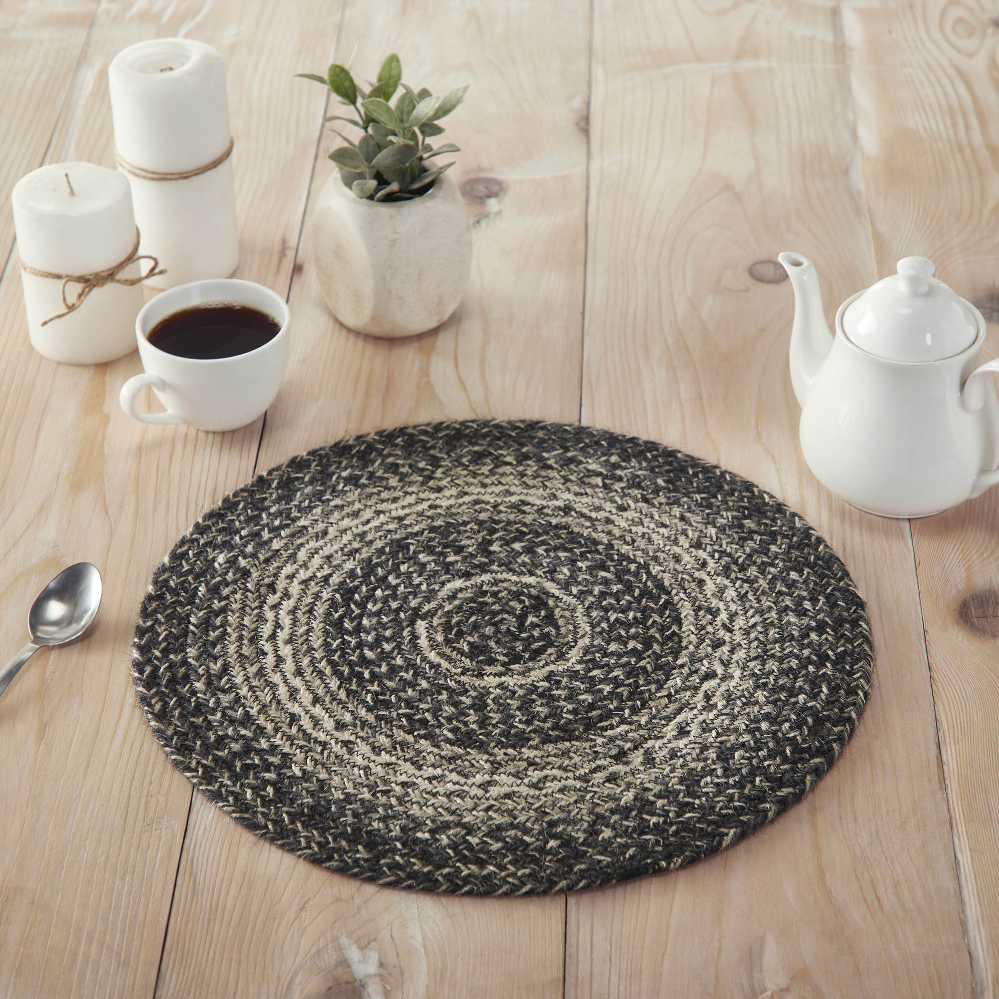 Sawyer Mill Black White Jute Trivet 15 inch Diameter VHC Brands