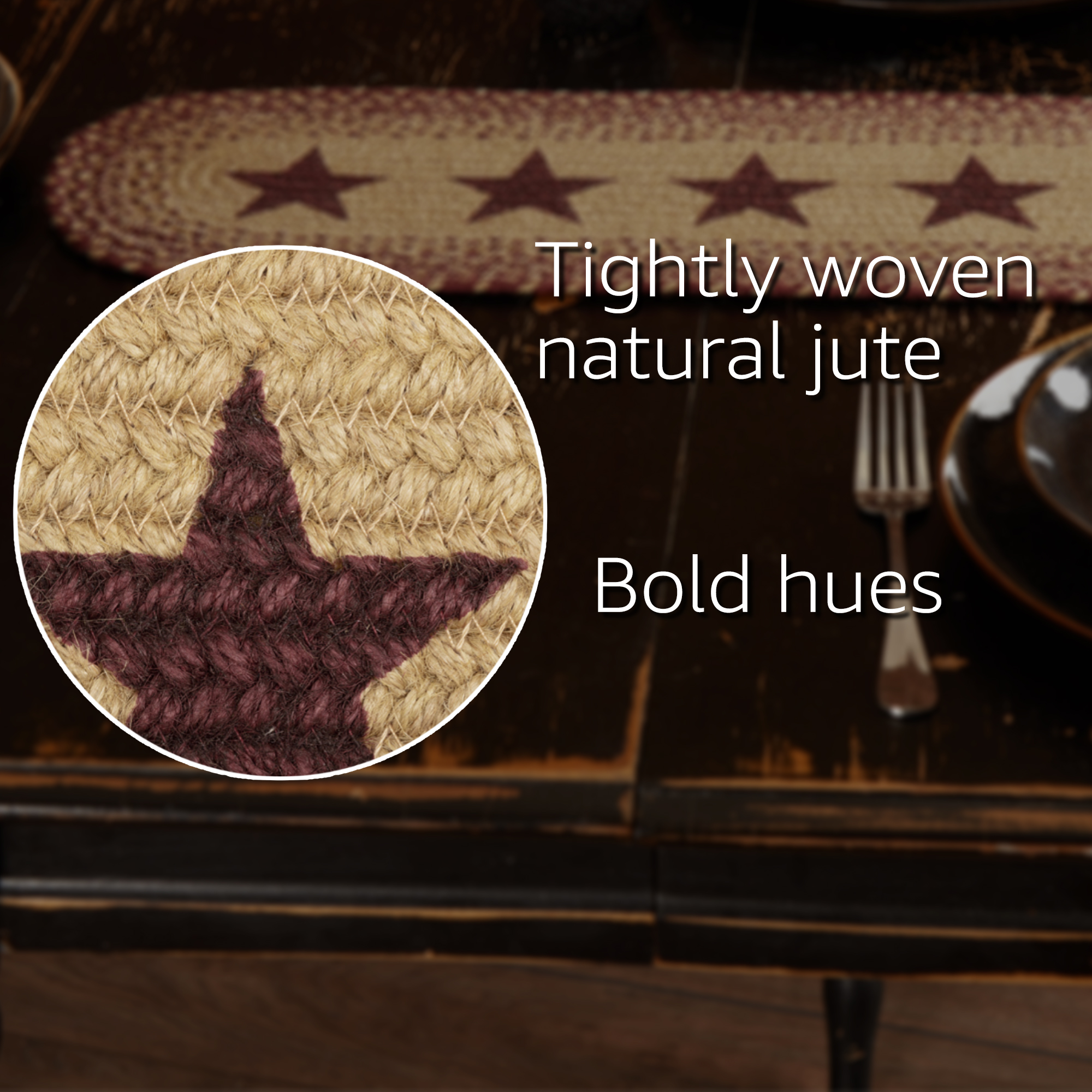 VHC Brands Table Runner Burgundy Tan Jute Primitive 8x24 Oval Stars Kitchen